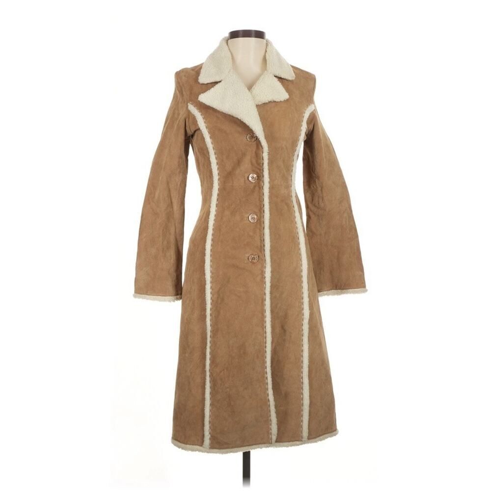 Vintage Y2K Wet Seal Shearling Coat Brown Leather Long Jacket M